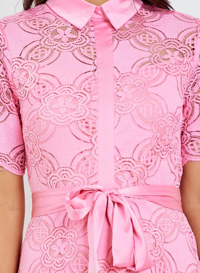 Styli Women Pink Lace Shirt Maxi Dress - Image 3